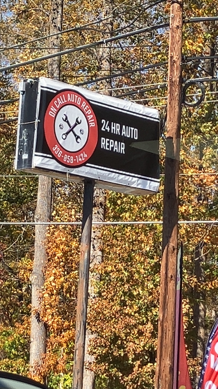 front sign of on call auto care in lexington north carolina they fix cars and trucks