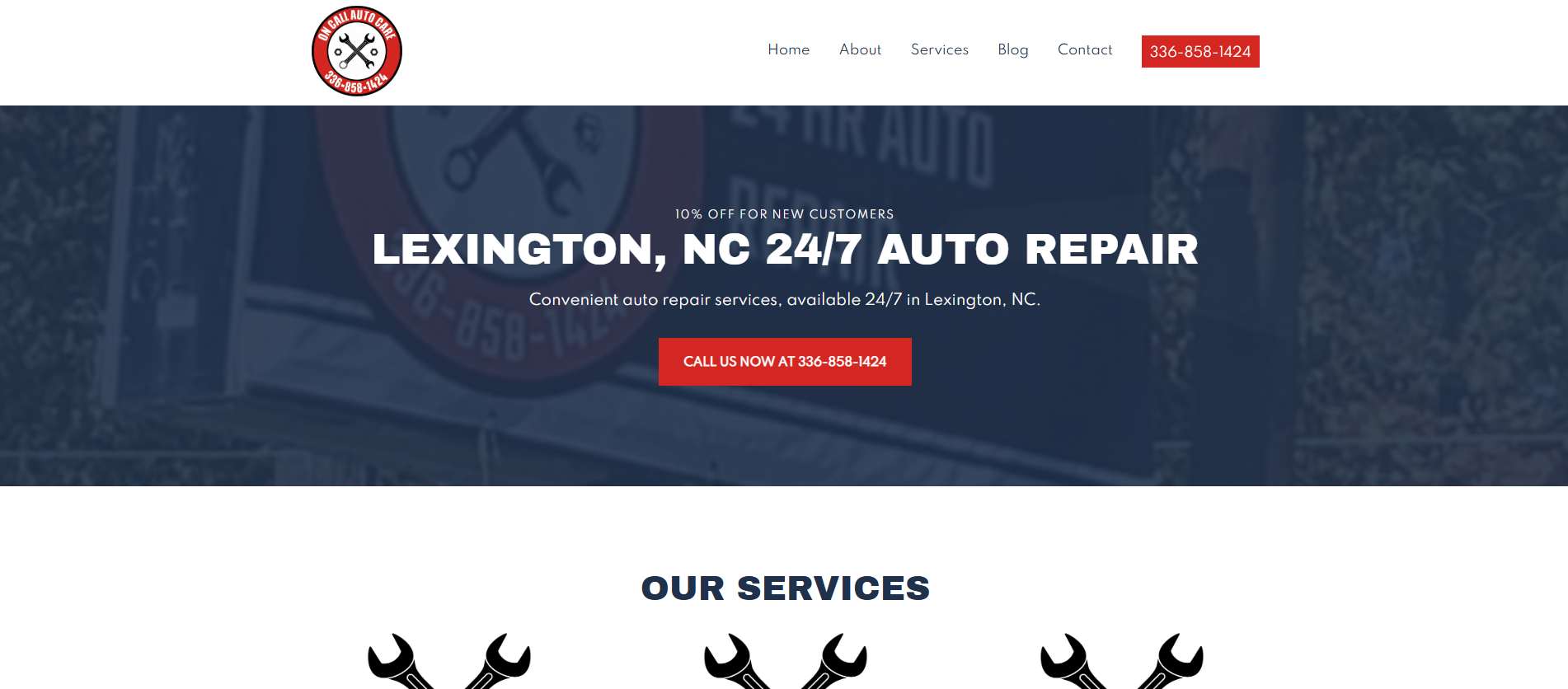 Screenshot of the homepage of the On Call Auto Care website