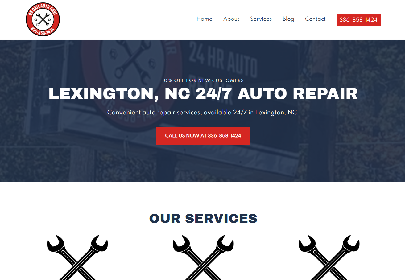 Screenshot of the homepage of the On Call Auto Care website