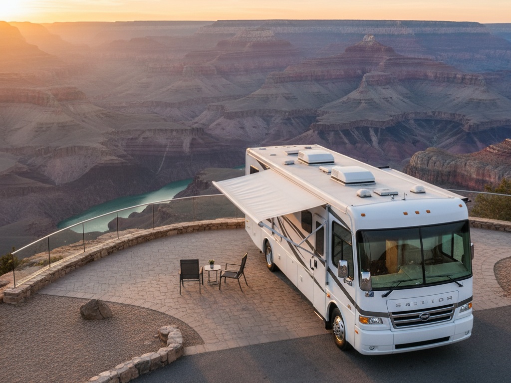 an rv parked in front of the grand canyon