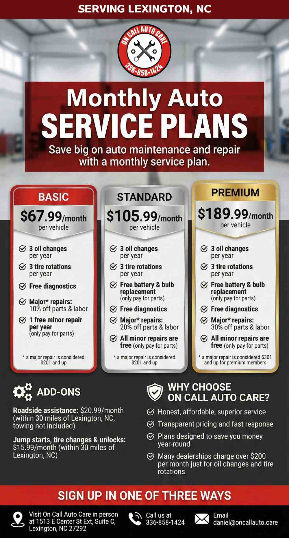 flyer advertising on call auto care's monthly auto service plans that allow you to pay a small amount of money each month to save big when you need repairs and maintenance